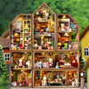 A detailed wooden miniature dollhouse kit featuring various figures and furniture arranged in an attic-style structure.