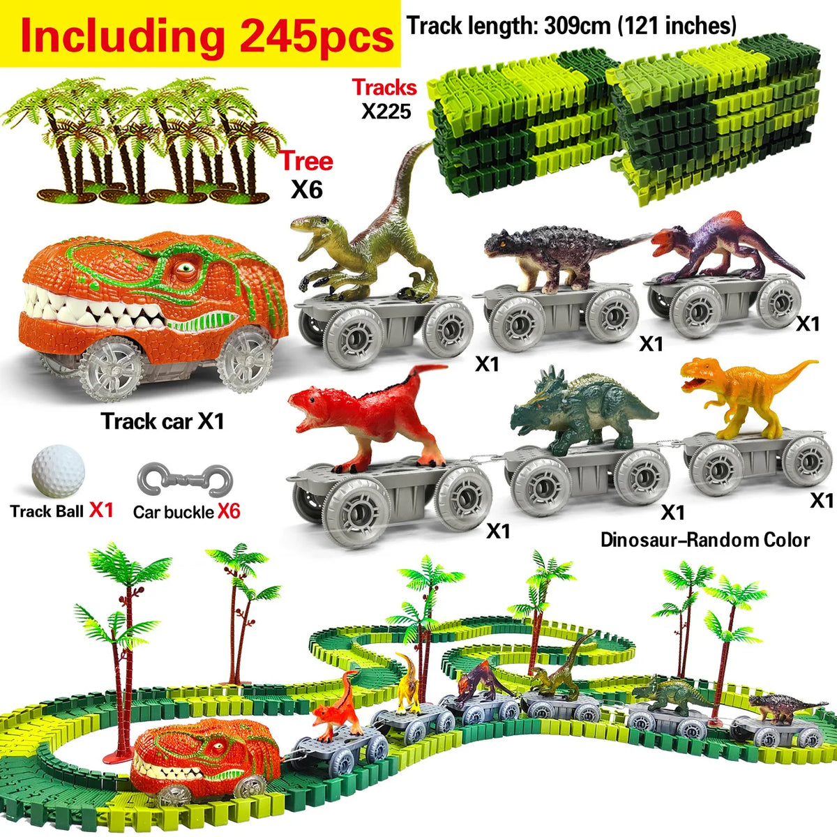 A set of dinosaur train tracks and vehicles with trees and a mist-spouting volcano.