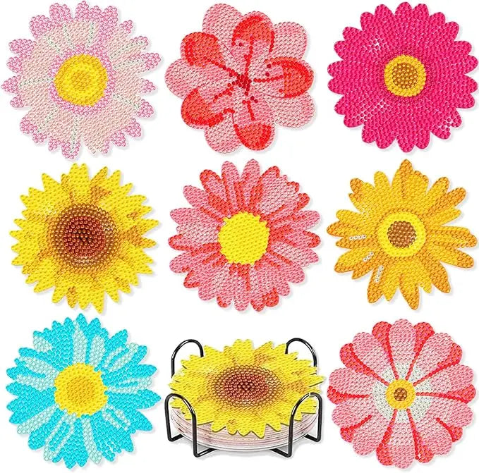 A set of nine floral diamond painting coasters featuring various pink, yellow, and blue flower designs with metal holders.