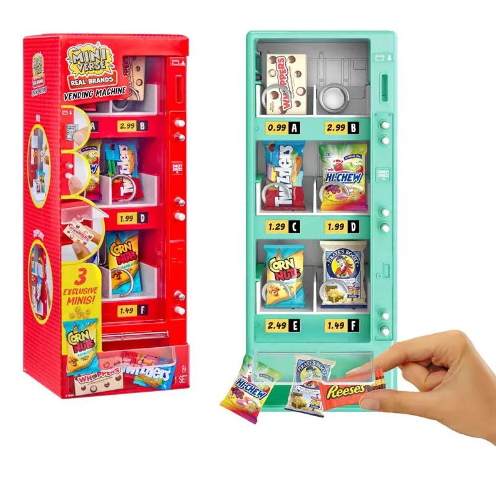 A red mini vending machine toy with various snack dispensers and surprise balls inside.