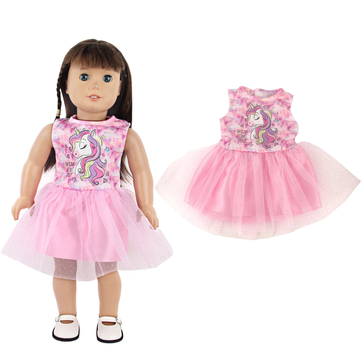 A doll wearing a pink unicorn skirt outfit with a matching top and mane.