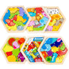 A set of wooden 3D jigsaw puzzles featuring colorful animals and shapes for children.
