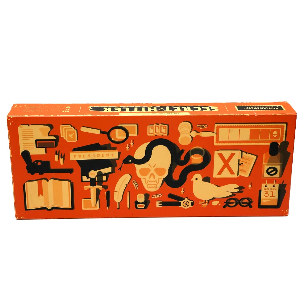 An orange box for the Secret Hitle social deduction card game featuring various game elements and illustrations.