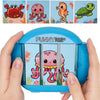 A hand holds a blue rotating puzzle toy featuring four colorful sea creatures.