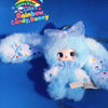A fluffy light blue bunny plush toy with pink accents and a small book attached.