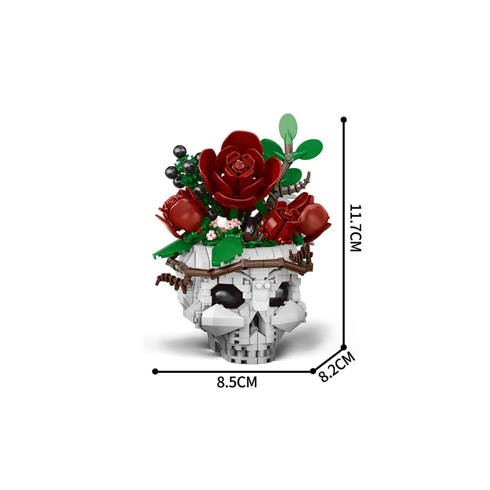 A building blocks set depicting a gothic floral skull with red roses and green leaves.