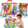A set of Montessori busy board toys for toddlers featuring various motor skills activities and colorful components.