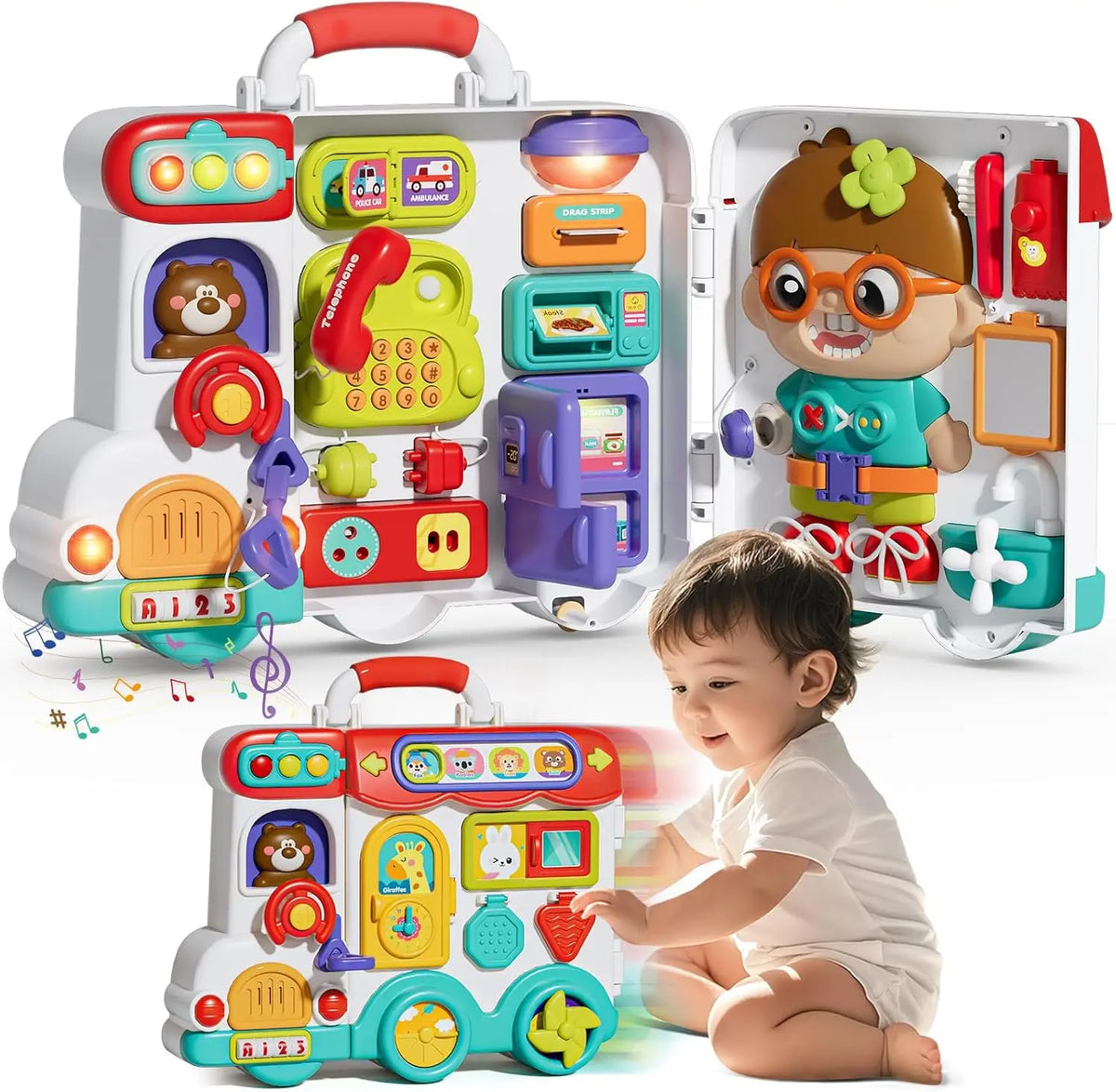 A set of Montessori busy board toys for toddlers featuring various motor skills activities and colorful components.