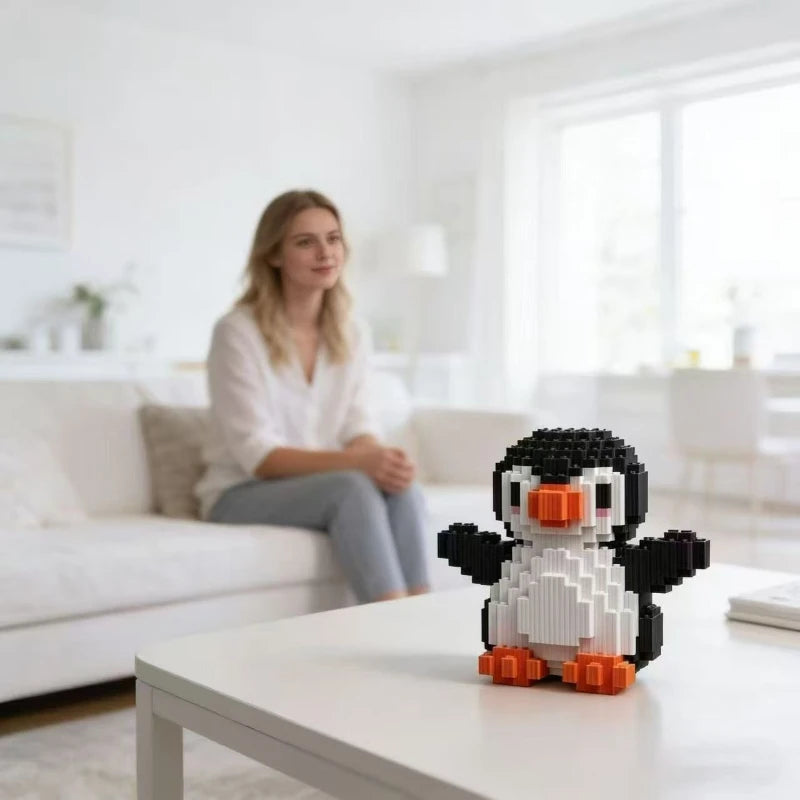A small black and white penguin building block toy sits on a white table in a bright living room setting.