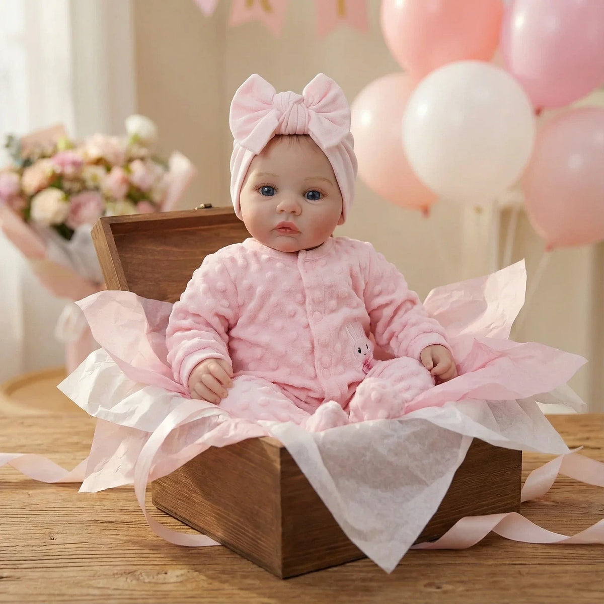 A realistic pink baby doll with a bow, sitting in a wooden box surrounded by pink balloons and sheer fabric.
