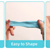 A set of light blue polymer clay with carving tools shown demonstrating no cracking, ease of shaping, and non-stick hands.