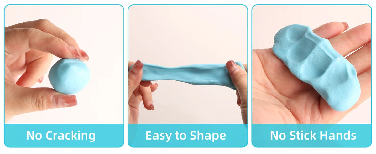 A set of light blue polymer clay with carving tools shown demonstrating no cracking, ease of shaping, and non-stick hands.