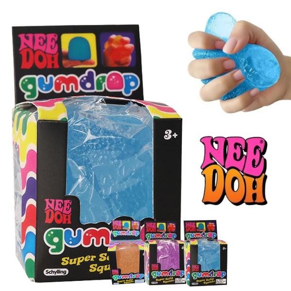 A box of Nee Doh gumdrop sensory fidget toys and a hand holding a blue silicone gumdrop toy.
