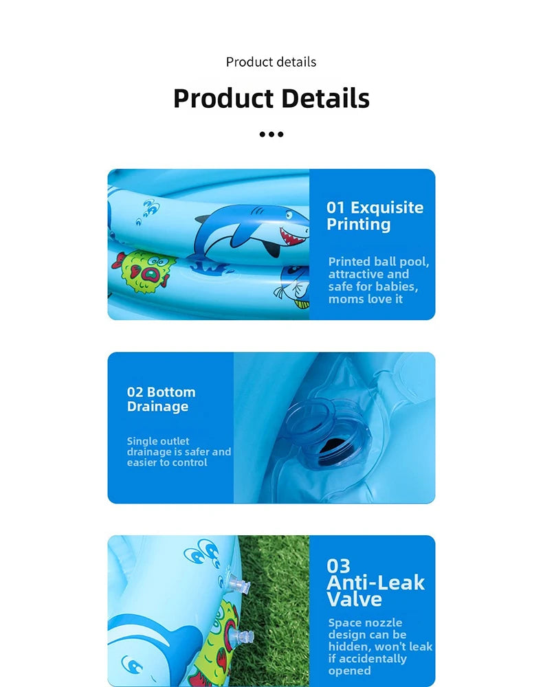Product details showing features like exquisite printing, bottom drainage, and an anti-leak valve on a blue inflatable pool.