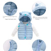 Light blue hooded cotton vest for kids with anti-pinch zipper and elastic cuffs