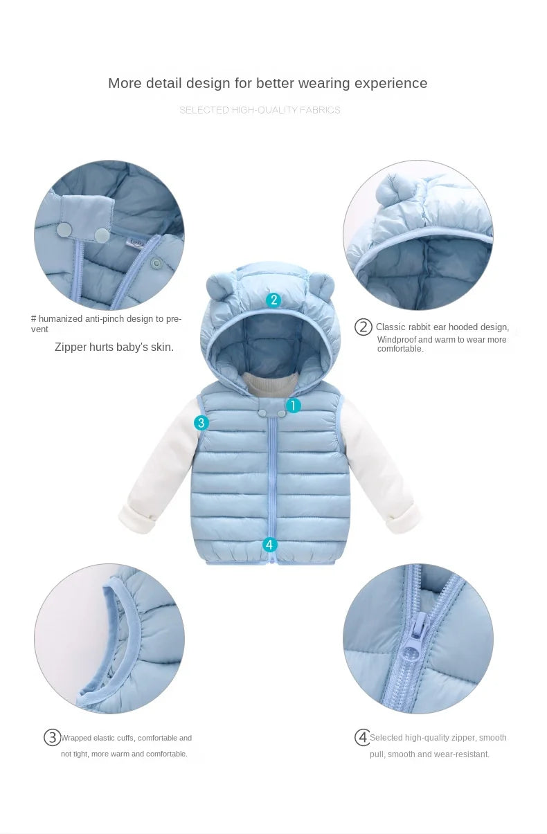 Light blue hooded cotton vest for kids with anti-pinch zipper and elastic cuffs
