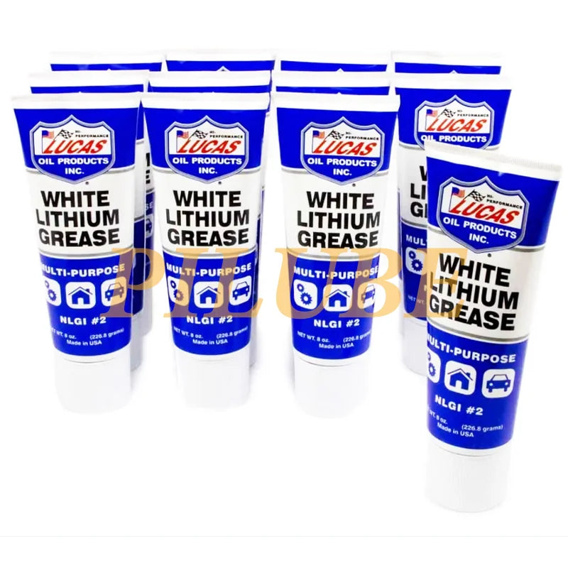 A collection of Lucas Oil White Lithium Grease multi-purpose lubricant containers in blue and white packaging.