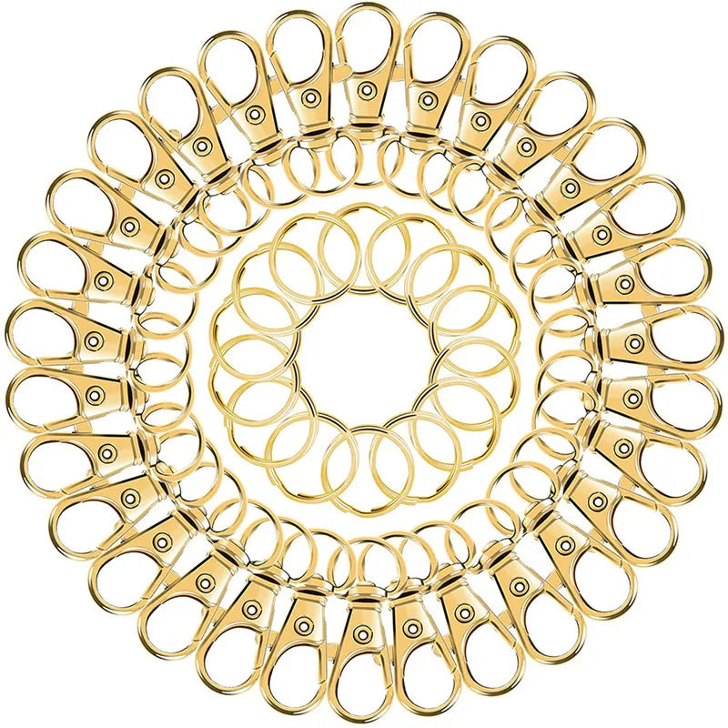A circular arrangement of gold-toned metal swivel snap hooks with key rings.