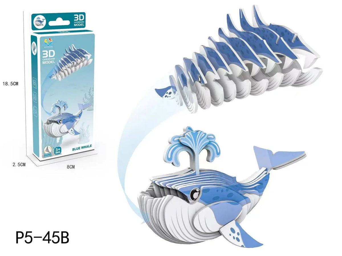 A blue whale 3D paper puzzle model showing the full whale and a separate fin piece.