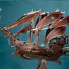 A detailed steampunk pirate ship model kit featuring wooden puzzle components and intricate rigging against a blue sky.
