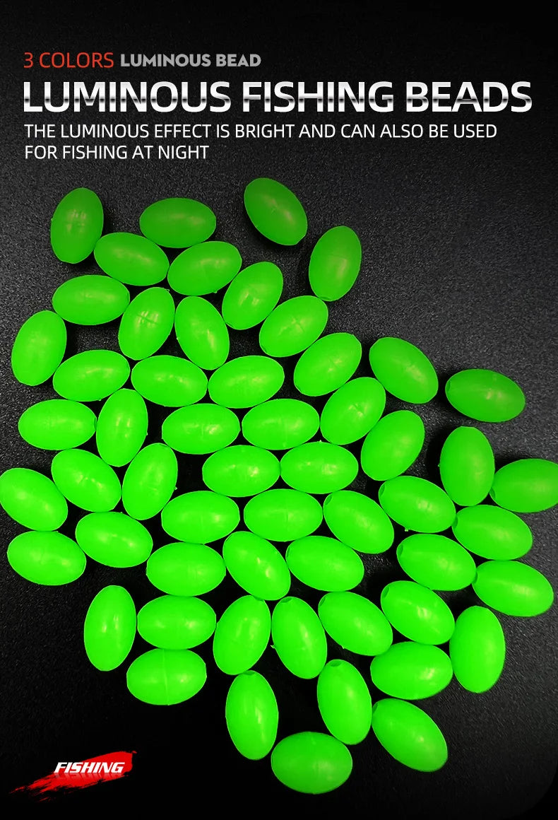 A pile of bright green luminous fishing beads scattered on a black background.