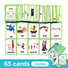 A set of 65 green vocabulary flashcards featuring various verbs like fall, cut, climb, drop, swim, stand up, kick, grow up, a