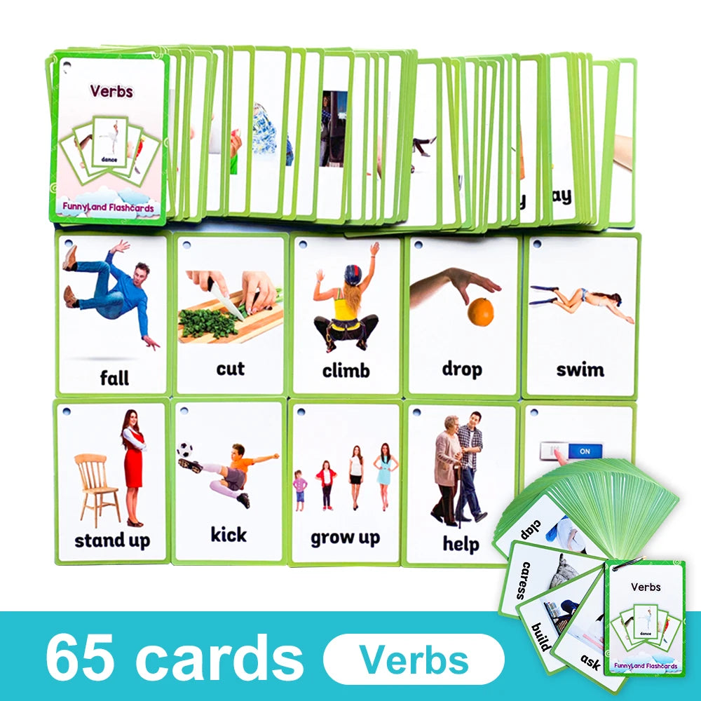 A set of 65 green vocabulary flashcards featuring various verbs like fall, cut, climb, drop, swim, stand up, kick, grow up, a