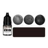 A set of black liquid colorant bottles and circular discs for DIY wax projects.