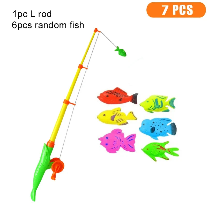 A fishing rod toy set with 7 pieces including an L rod and six random fish for kids