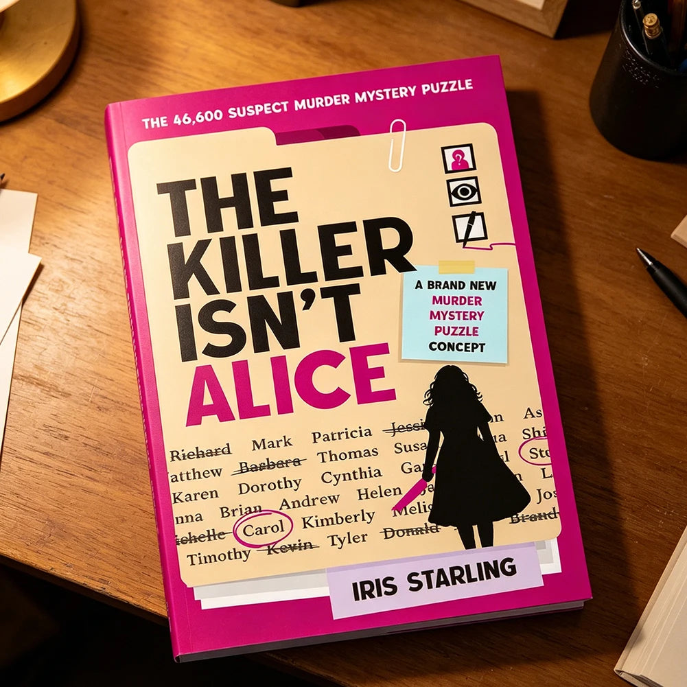 A pink puzzle book titled The Killer Isn't Alice featuring a silhouette of a woman and author Iris Starling