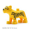 Yellow lion building block toy featuring a black leopard print and stylized features.