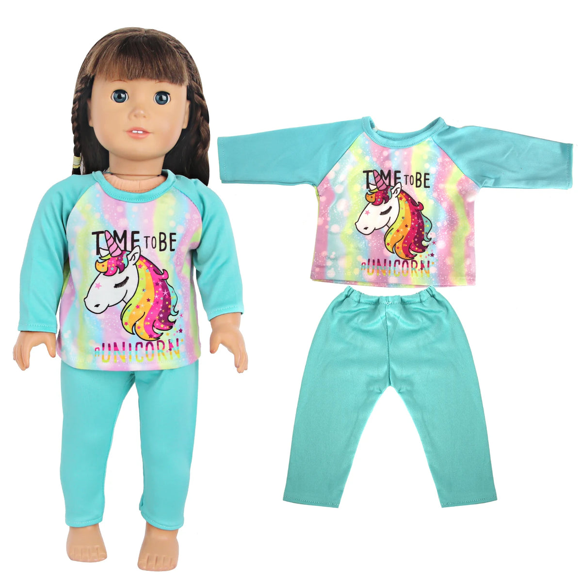 A unicorn pajama set for an 18-inch doll featuring a light blue top and matching long pants.