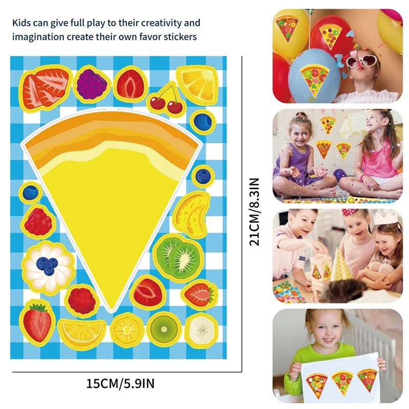 A colorful craft kit featuring various fruit slices and pizza shapes for kids to create stickers.