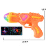 Orange projection toy gun with lights and music, shown alongside 15-degree and 25-degree lenses.