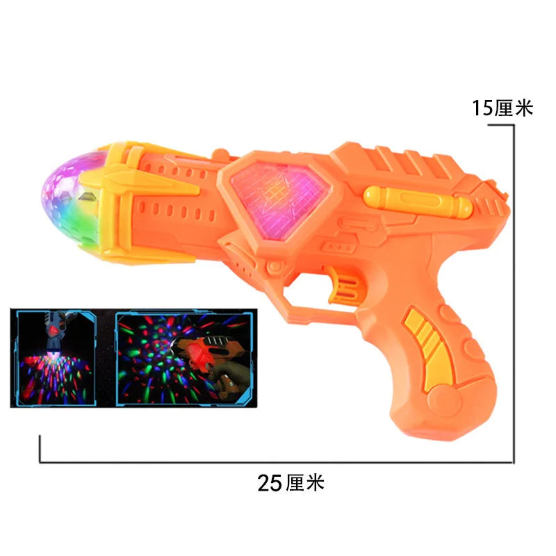 Orange projection toy gun with lights and music, shown alongside 15-degree and 25-degree lenses.