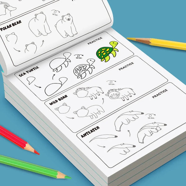 A spiral notebook showing step-by-step drawings of animals like a polar bear, sea turtle, wild boar, and anteater for practic