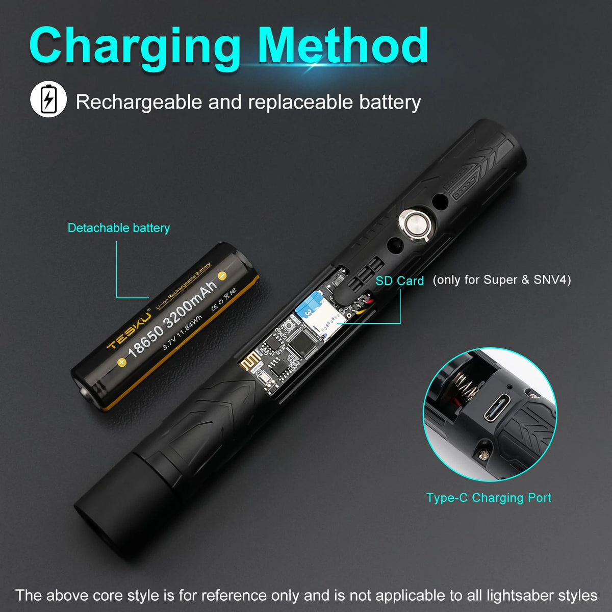 A black lightsaber with a detachable battery and Type-C charging port is shown on a dark background.