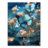 A vibrant blue butterfly is featured in a close-up, artistic composition with sparkling water and orange floral elements.