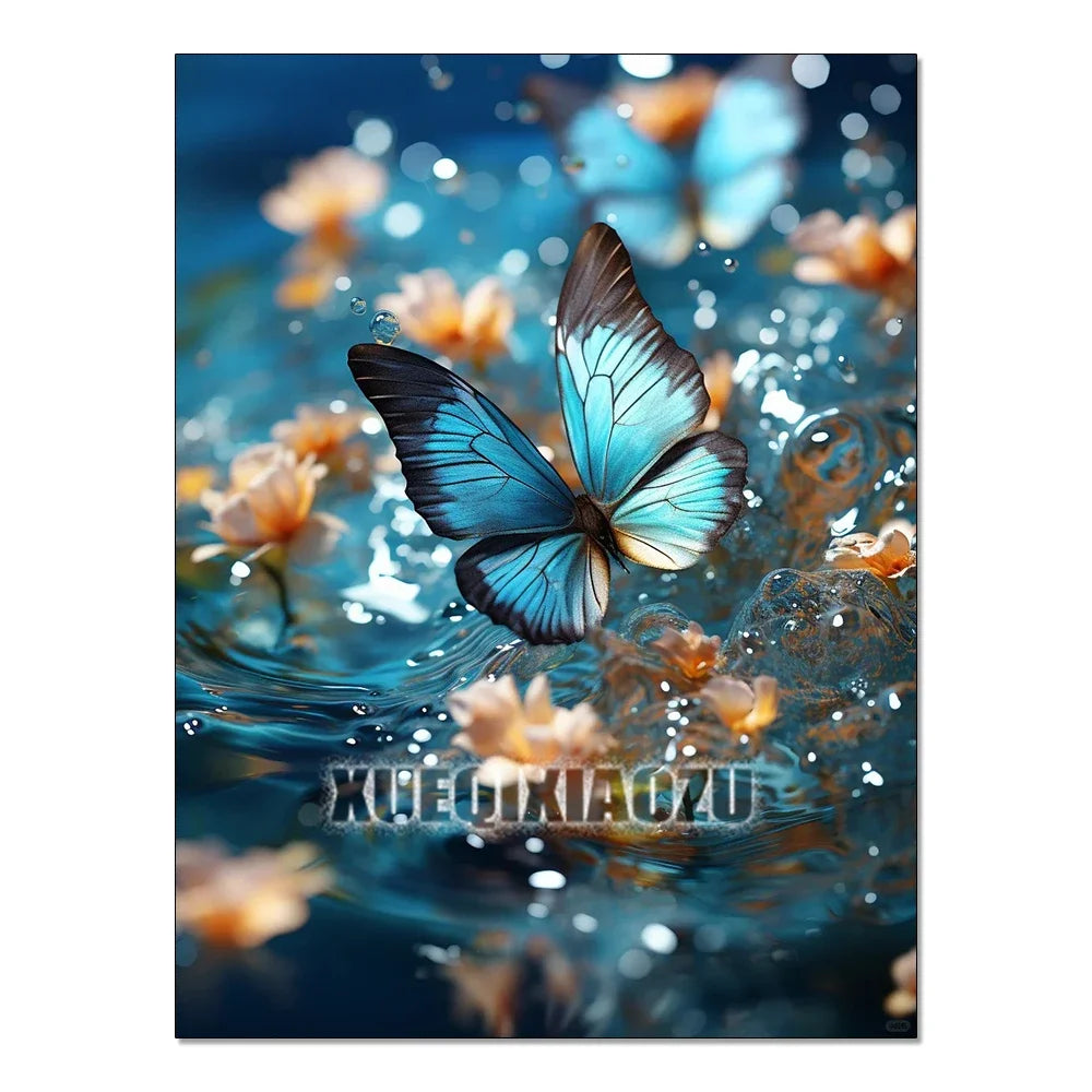 A vibrant blue butterfly is featured in a close-up, artistic composition with sparkling water and orange floral elements.