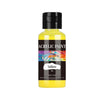 A bottle of yellow acrylic paint with a black cap and label for craft projects.