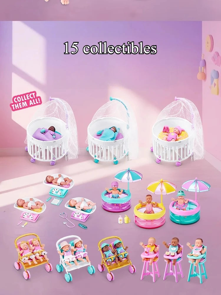 A collection of 15 baby surprise capsule dolls in various colors and outfits displayed on a pink background.