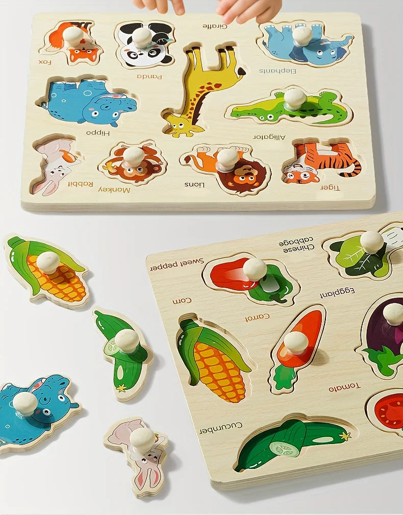A wooden shape matching puzzle board featuring various fruit and vegetable shapes for early learning.