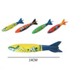 A set of five colorful diving torpedo pool toys for kids in yellow, orange, and blue.