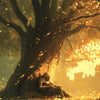 A dramatic landscape painting featuring a large tree and a figure sitting in the golden light of sunset.