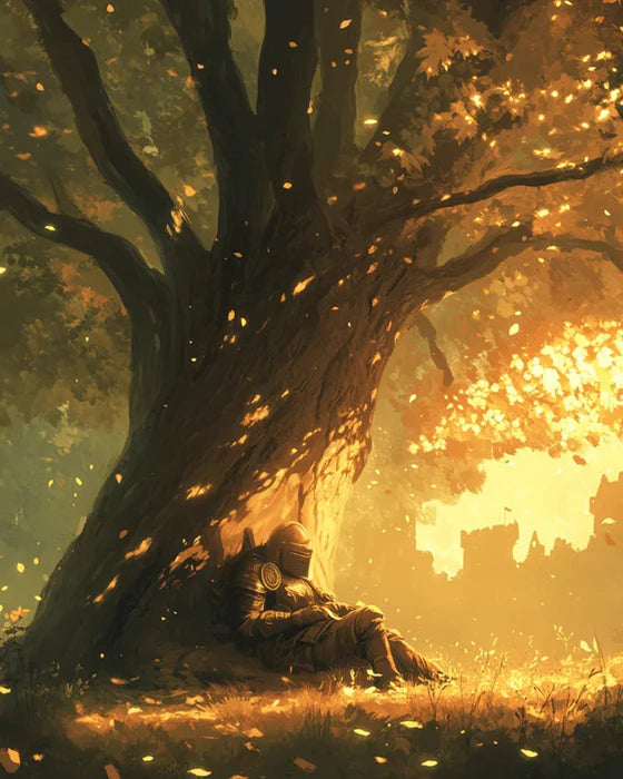 A dramatic landscape painting featuring a large tree and a figure sitting in the golden light of sunset.