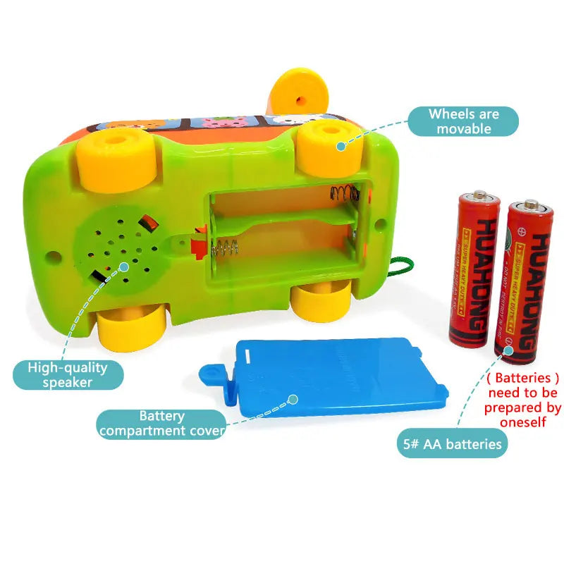 A lime green interactive bus car toy with movable wheels, a battery compartment cover, and five AA batteries.