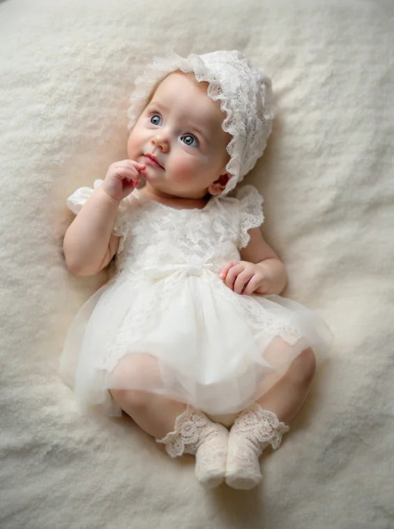 A newborn baby girl wearing a white lace tulle dress and hat, lying on a soft, light-colored surface.
