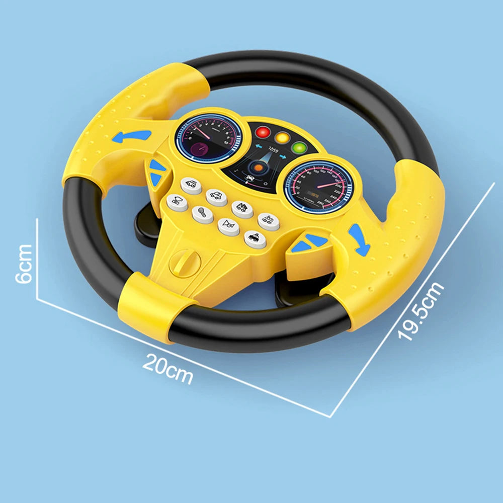 Volant d'apprentissage jaune avec commandes et compteurs sur fond bleu clair.