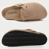 Tan suede cork mule shown from the top and bottom views.