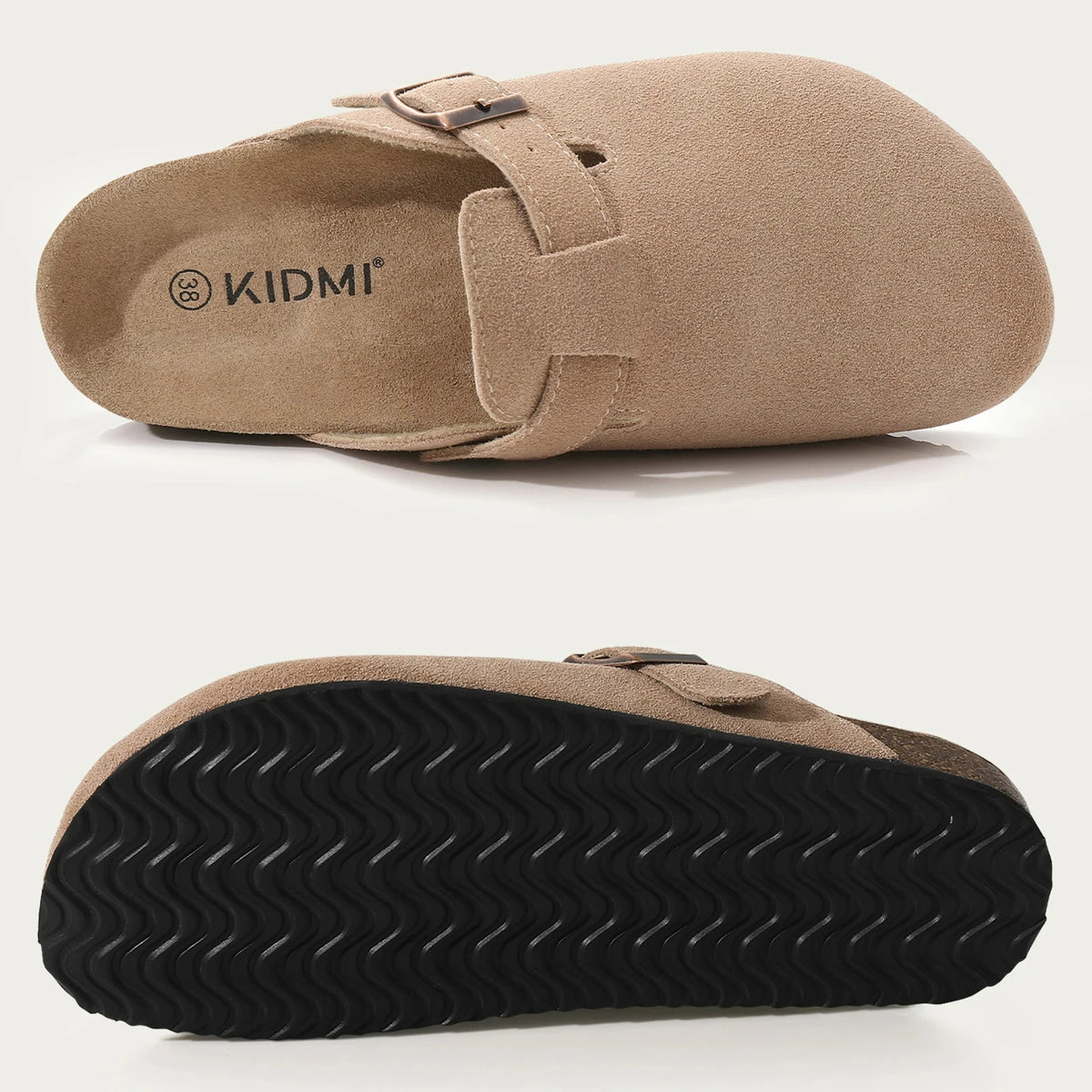 Tan suede cork mule shown from the top and bottom views.